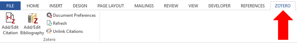 Screenshot with red arrow indicating where Zotero appears in Microsoft Word.               