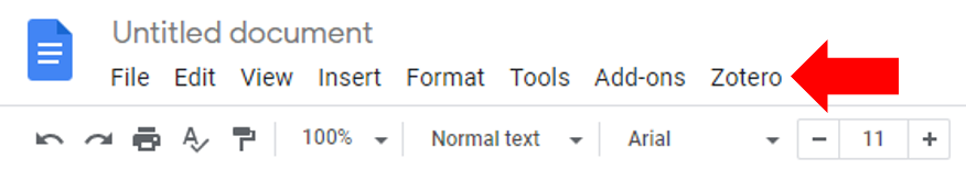 Screenshot with red arrow indicating where to find Zotero in Google Docs.         