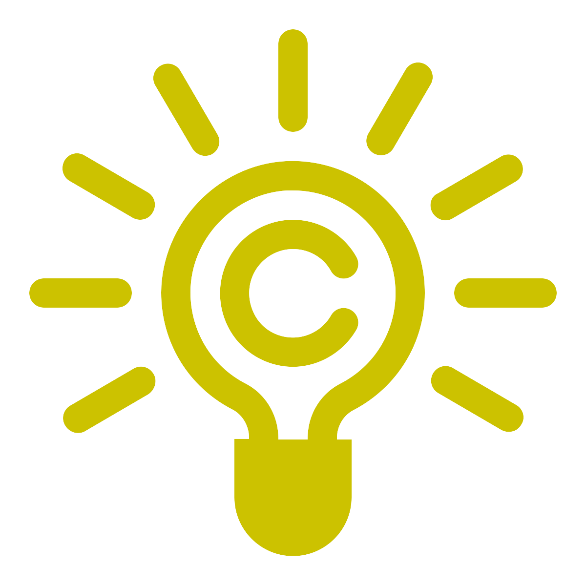 Gold copyright lightbulb icon with lines radiating outward as if a light is on.