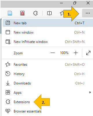 Screenshot with numbered arrows pointing to how to access browser extensions.