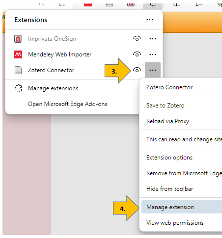 Screenshot with numbered arrows pointing to how to manage your Zotero browser extension.